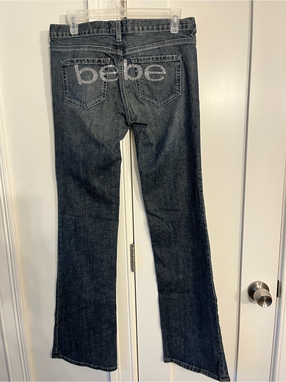 Vintage Y2K Bebe Women Jeans With Rhinestones Flared Bottoms Dark Blue Made USA